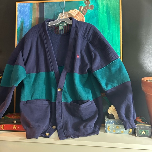 Vintage 80s 90s Classic Navy and Teal Cardigan by Knights Of Round Table Size M - Picture 7 of 15